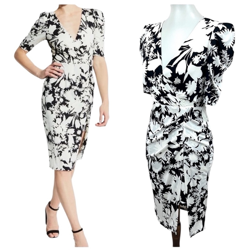 Bailey 44 Tropical Floral Puff Sleeve Ruched Side Slit Faux Wrap Surplice Dress